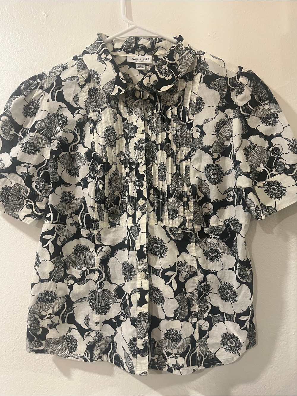 Paul & Joe Black and White Floral Pintuck Button-Down Shirt